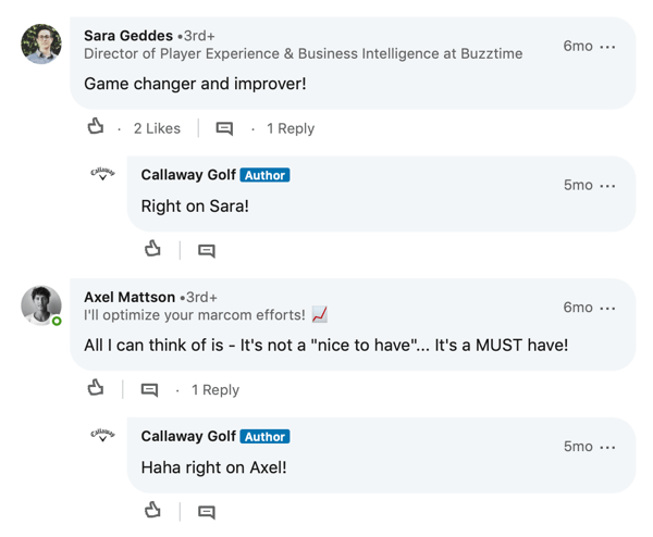 Commentaires des membres LinkedIn pour Callaway Golf post