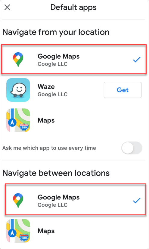 gmail google maps sélectionné par défaut