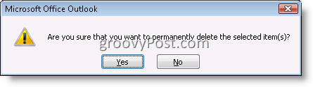 Boîte de confirmation Outlook pour supprimer définitivement un élément de courrier électronique 