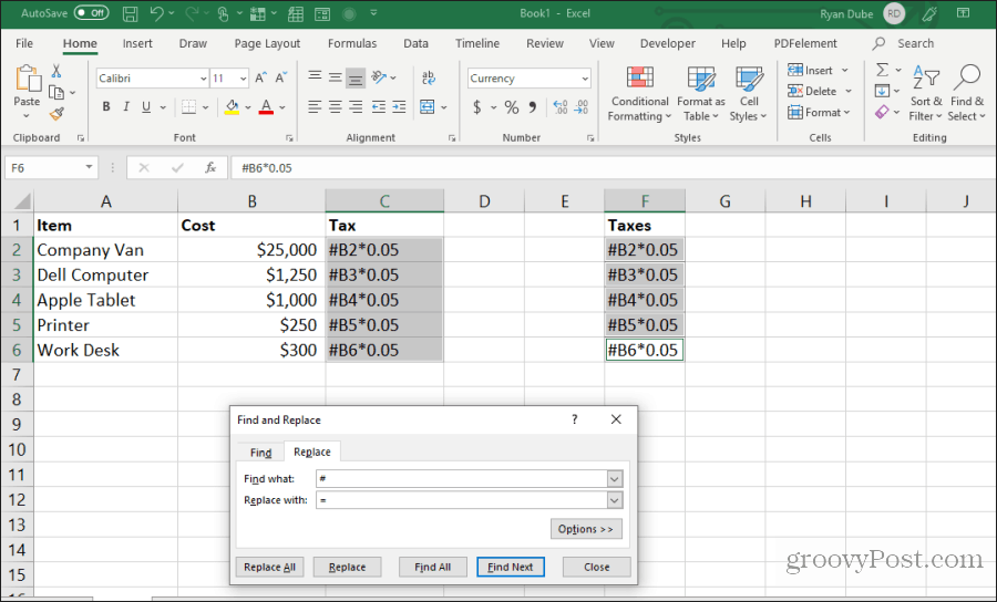rechercher et remplacer la formule dans Excel