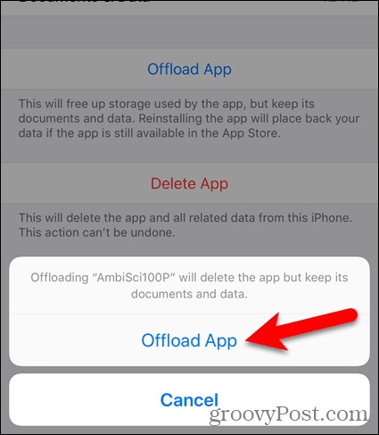 Appuyez à nouveau sur Offload App