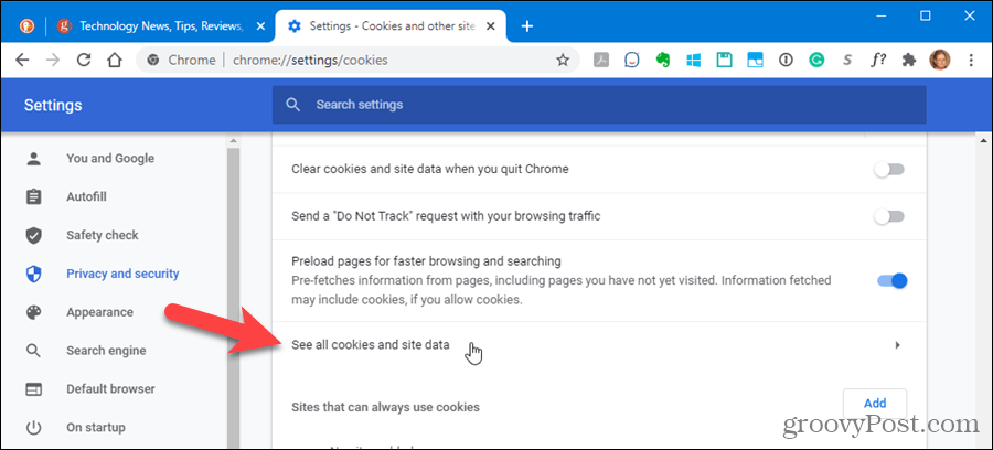 Cliquez sur Afficher tous les cookies et données de site dans les paramètres de Chrome