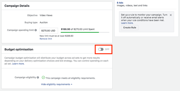 Option d'optimisation du budget de la campagne Facebook.