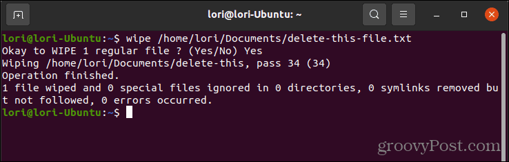 Supprimer en toute sécurité un fichier à l'aide de wipe sous Linux