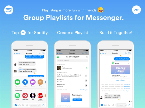 Spotify a étendu les fonctionnalités de son bot Messenger pour permettre aux groupes de créer des listes de lecture directement à partir de l'application Messenger.