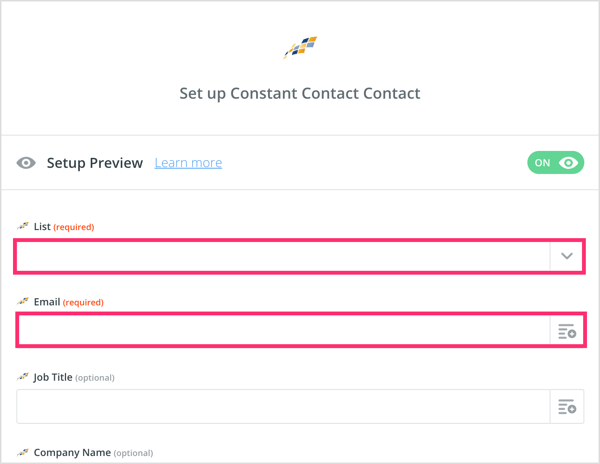 Configurez votre contact Constant Contact dans Zapier.