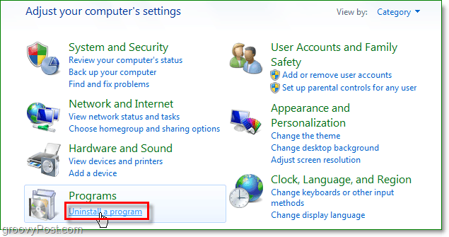 cliquez sur désinstaller un programme pour continuer à supprimer ie de Windows 7