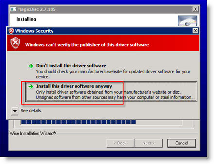 Accepter l'installation du pilote de MagicISO sur Server 2008