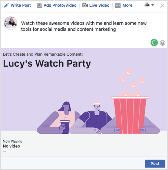 Cliquez sur Publier pour publier votre message Facebook Watch Party.