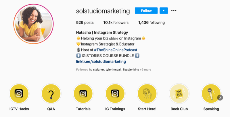capture d'écran de la bio du compte Instagram de Sol Studio Marketing