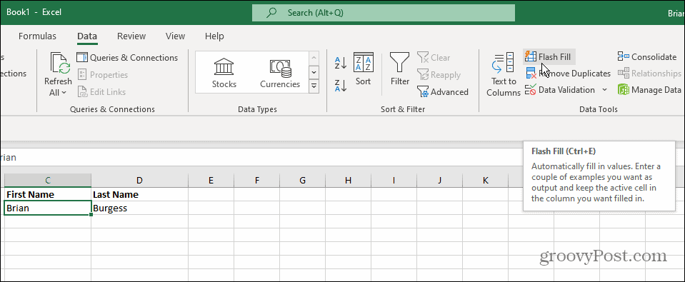 Outils de données Remplissage Flash Excel