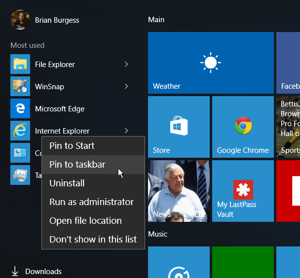 Menu Démarrer d'IE Windows 10