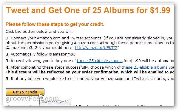 Amazon offrant 7 $ + remise sur 25 albums MP3 différents pour un Tweet