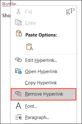 Faites un clic droit et choisissez Supprimer le lien hypertexte