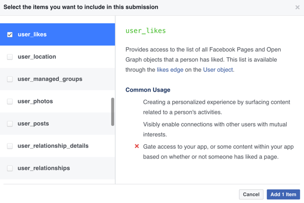 Sélectionnez les éléments que vous souhaitez inclure dans votre soumission d'application Facebook.