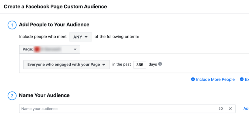 créer une audience personnalisée d'engagement de page Facebook