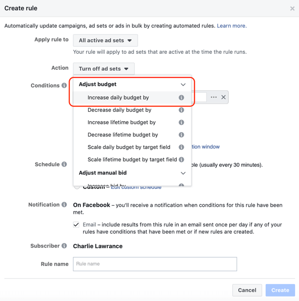 Utilisez les règles automatisées de Facebook, augmentez le budget lorsque le ROAS est supérieur à 2, étape 1, définissez l'action