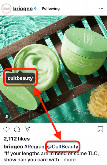 post instagram de @briogeo montrant une balise de publication et une légende @mention pour @cultbeauty, qui est le produit apparaît dans l'image