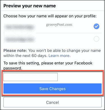 Confirmer un changement de nom Facebook dans l'application mobile