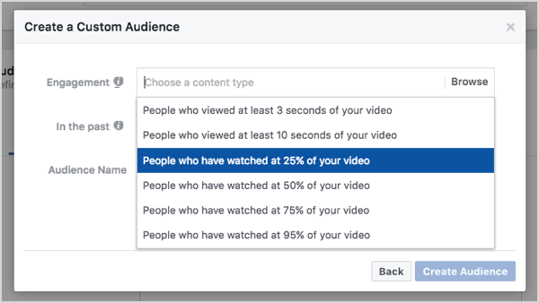 Audience personnalisée Facebook basée sur 25% de vues vidéo.