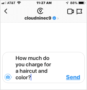 Exemple de question fréquemment posée aux entreprises sur Instagram.