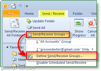Capture d'écran Outlook 2010 - envoyer et recevoir des groupes - définir des groupes