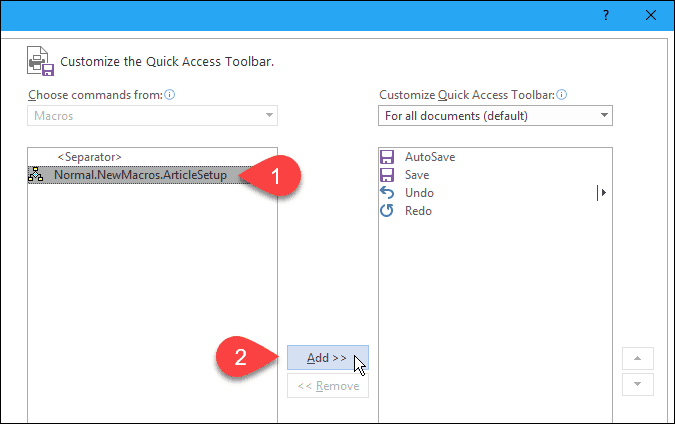 Ajouter une macro à la barre d'outils d'accès rapide