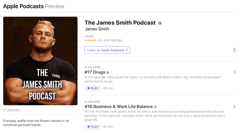 Stratégie de marketing des médias sociaux; Capture d'écran du podcast de James Smith sur les podcasts Apple. James est un influenceur bien connu dans le domaine du fitness.