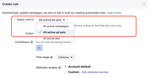 Utilisez les règles automatisées de Facebook, arrêtez le jeu de publicités lorsque les dépenses sont deux fois le coût et moins d'un achat, étape 1, s'applique à tous les jeux de publicités