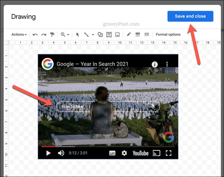 Lecture d'une vidéo YouTube dans un dessin Google Docs