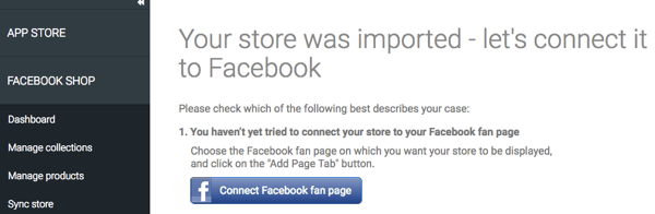 Une fois votre boutique importée via l'application StoreYa, assurez-vous qu'elle est connectée à Facebook.