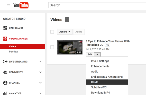 Dans votre gestionnaire de vidéos YouTube, cliquez sur la flèche vers le bas à côté de Modifier et sélectionnez Cartes.