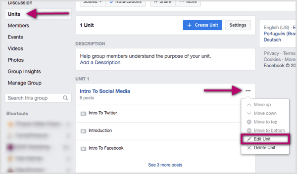 Cliquez sur les trois points à droite de l'unité de groupe Facebook que vous souhaitez modifier.