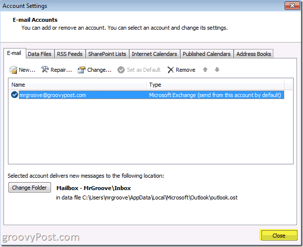 Bouton de fermeture de la capture d'écran d'Outlook 2010 pour économiser sur le compte