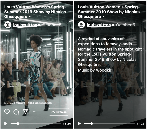 Exemple du défilé IGTV de Louis Vuitton pour leur défilé Femme Printemps-Été 2019.