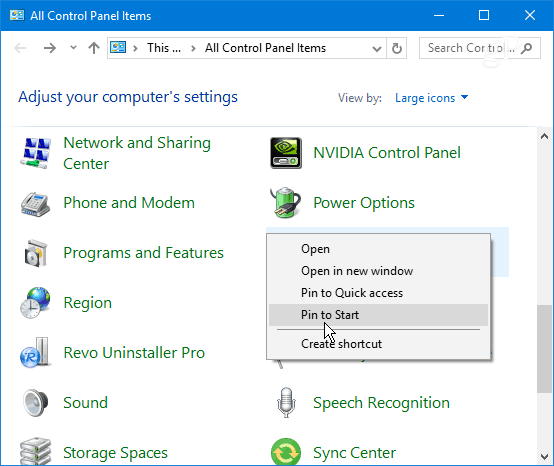 Élément du panneau de configuration des broches Démarrage de Windows 10
