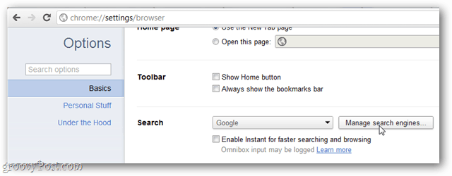options de base de Google Chrome