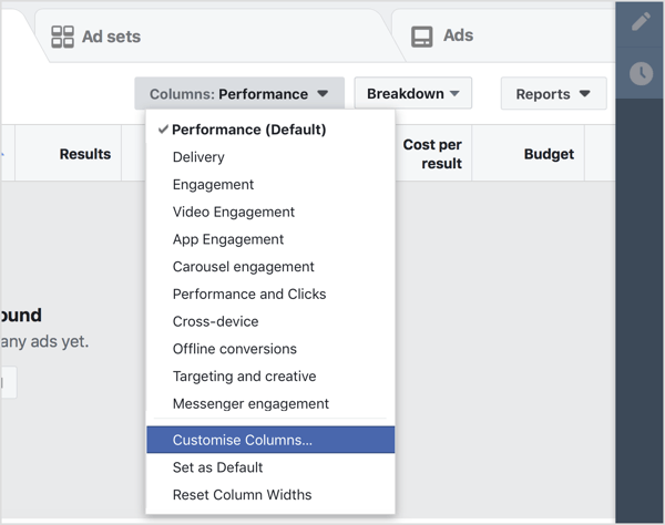 Accédez à votre tableau de bord Facebook Ads Manager et sélectionnez Personnaliser les colonnes dans le menu déroulant Colonnes.