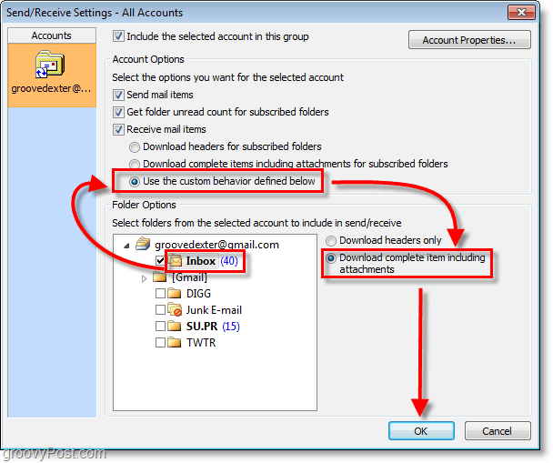Capture d'écran d'Outlook 2010 - boîte de réception utiliser le comportement personnalisé télécharger l'élément complet