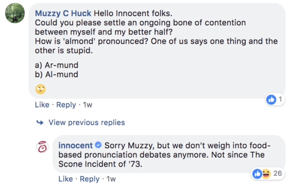 Exemple d'Innocent répondant à une question de commentaire sur une publication Facebook.