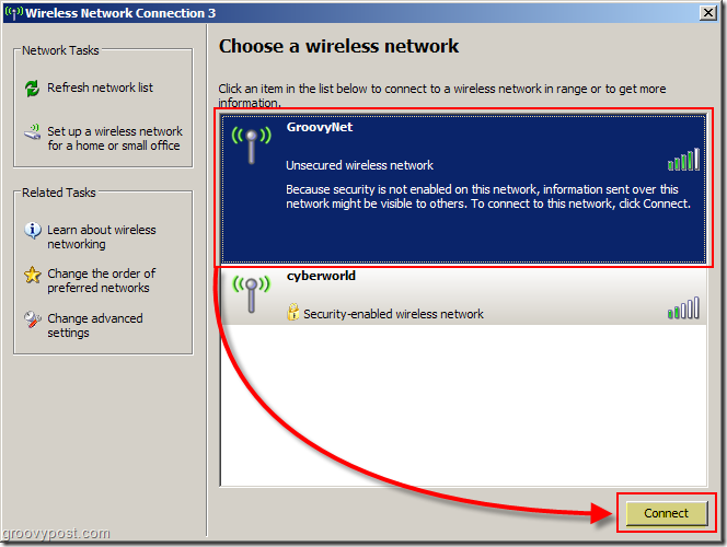 Menu Windows XP pour choisir une capture d'écran du réseau sans fil:: groovyPost.com