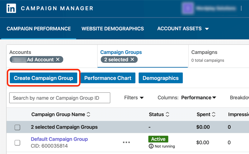 Tableau de bord du gestionnaire de campagne linkedin avec le bouton Créer un groupe de campagnes en surbrillance