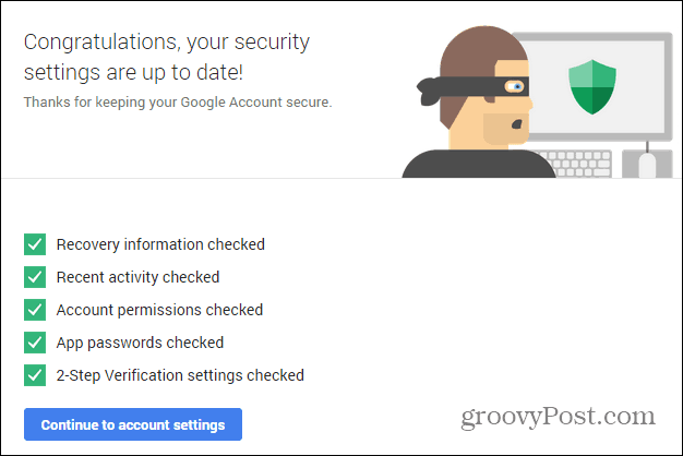 Réussite de l'assistant de sécurité Google