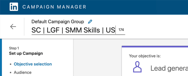 capture d'écran du nom de la campagne LinkedIn modifié pour dire «SC | LGF | Compétences SMM | NOUS'