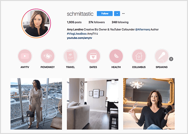 Le profil Instagram d'Amy Landino utilise la poignée schmittastic. Son profil Instagram montre les catégories Highlight pour AmyTV, Picmonkey, Voyage, Dates, Santé, Columbus et Speaking. Les photos montrent des images d'Amy.