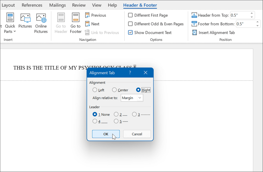 onglet d'alignement format droit style apa dans Microsoft Word