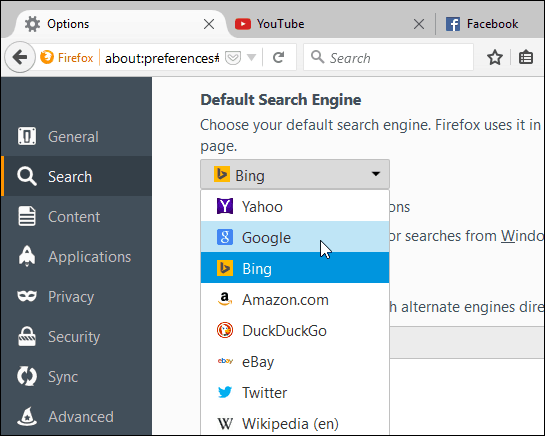 définir le moteur de recherche Firefox