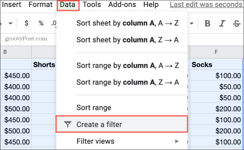 Créer un filtre dans Google Sheets