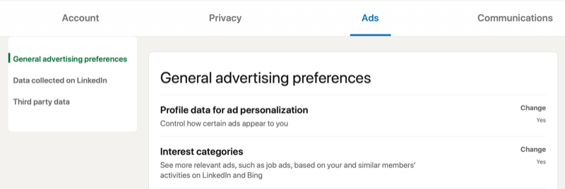 Paramètres de compte du menu linkedin pour les préférences publicitaires générales