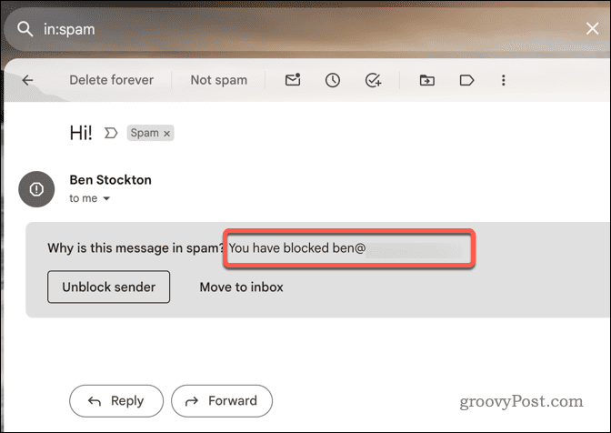 Exemple d'email bloqué dans Gmail